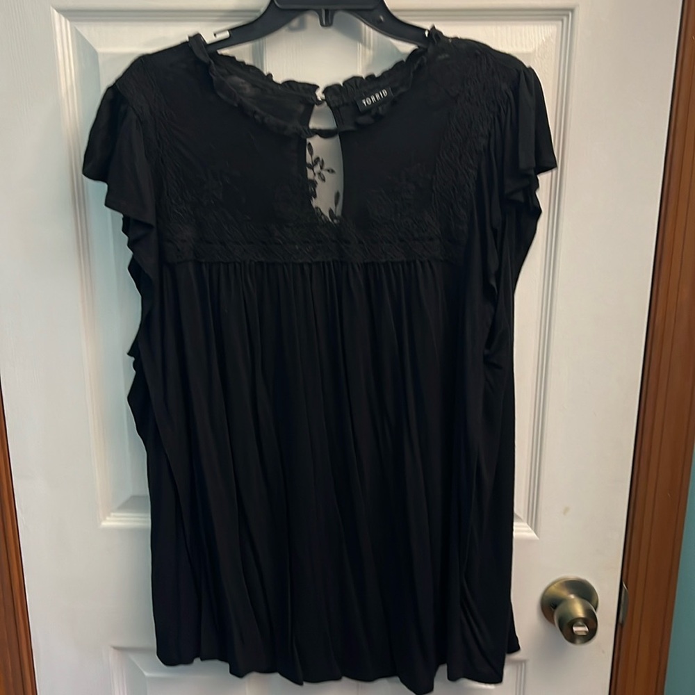 Torrid Size 2 flutter sleeve blouse, black, with lace neckline